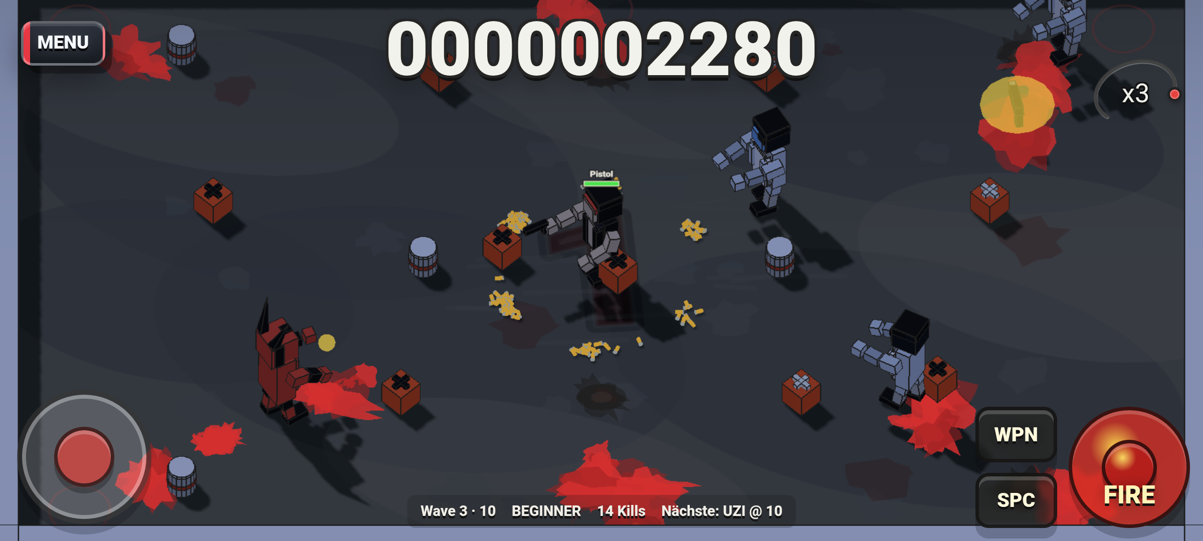 Blockborn Arena gameplay screenshot with score, enemies and touch controls
